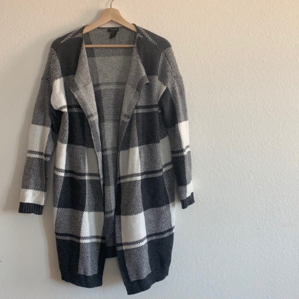 Ann Taylor | open knit cardigan large plaid square pockets